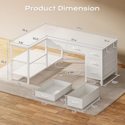 PRAISUN 47 Inch L Shaped Desk with Power Outlets, 5 Fabric Drawers - Image 3