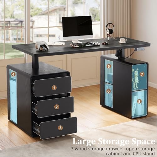 Electric Standing Desk with Drawers, 55" Office Desk Height Adjustable Executive Desk with Storage Shelves, Simple Setup Wood Desk Home Office Stand up Desk for Work, Study, Writing, Black - Image 5