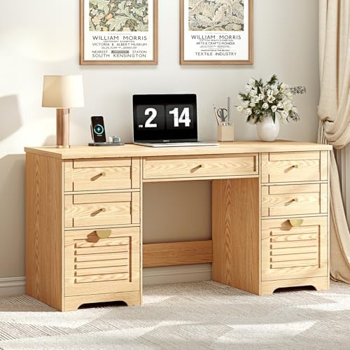Ieejdn 59" Home Office Desks, Executive Desk, Farmhouse Computer Desk with 7 Drawers and Charging Station, File Drawer, Rustic Computer Writing Desk,Antique Wood by Ieejdn