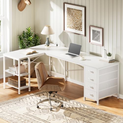 Huuger 55 Inch L Shaped Desk with Fabric Drawers, Reversible Computer Gaming Desk with Power Outlets and USB-C Port, Adjustable Side Storage Shelves, for Work Corner Home Office, White - Image 7