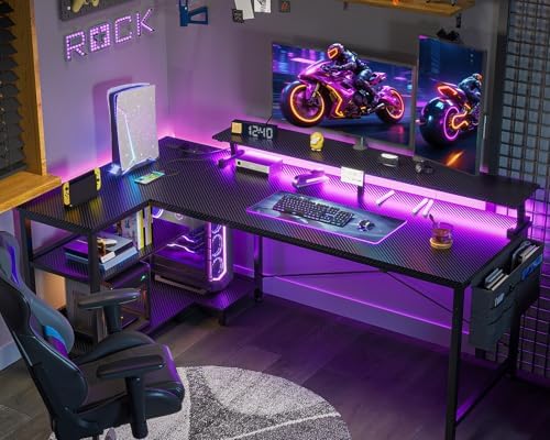 ODK 58 Inch L Shaped Gaming Desk with LED Lights, Power Outlets, Black - Image 2