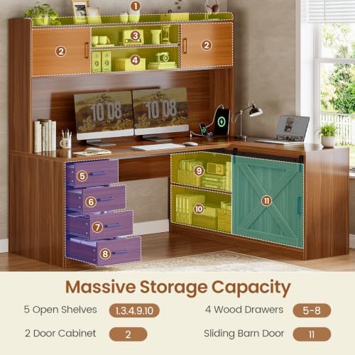 SEDETA 55” Farmhouse L Shaped Desk with 4 Drawers, Hutch, Corner Computer Desk with Storage Drawers, L Shaped Gaming Desk with LED Light and Power Outlet for Home Office, Brown - Image 4