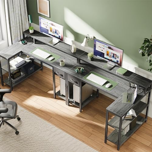 SUPERJARE 47 inch Reversible L Shaped Desk with LED Lights & Power Outlets, Computer Desk with Shelves & Monitor Stand, Gaming Desk with Drawer, Home Office Desk Corner Desk, Grey - Image 6