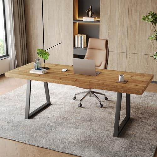 63" Industrial Executive Desk, Solid Wood Computer Laptop Desk with Strong Metal Legs, Study Writing Table Business Workstation for Home Office, Small Conference Table by TribewoodbyTribesigns