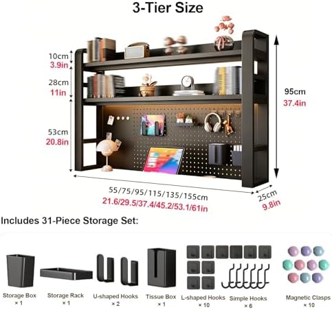 2/3/4 Tier Desktop Bookshelf with Pegboard and Storage Parts, Metal Desktop Organizer Hutch, Desk Shelves for Top of Desk, Shelf Organizer Display Rack for Dorm Home(Black,3-Tier L29.5in) - Image 2