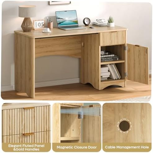 Bestier 47 inch Fluted Computer Desk with Drawer, Office Desk with File Cabinet, Modern Wood Desk with Storage Cabinet for Home Office Bedroom Study, Natural Oak - Image 3
