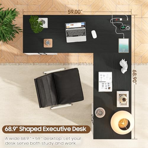 Vabches Wood L Shaped Executive Desk with 6 Drawers, Farmhouse Home Office Desk with Power Outlets and Triangle Under-Desk Storage Shelf & Drawer File Cabinet, Corner Computer Desk, Black - Image 5