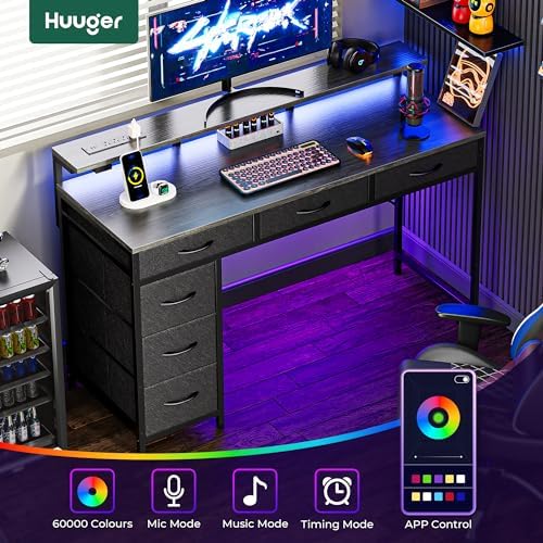 Huuger Gaming Desk with 6 Drawers, Computer Desk with LED Lights Power Outlets and Type-C, 47 Inch Office Desk with Storage, Monitor Stand, Writing Work Desk Home Office, Bedroom, Study, Grey - Image 4