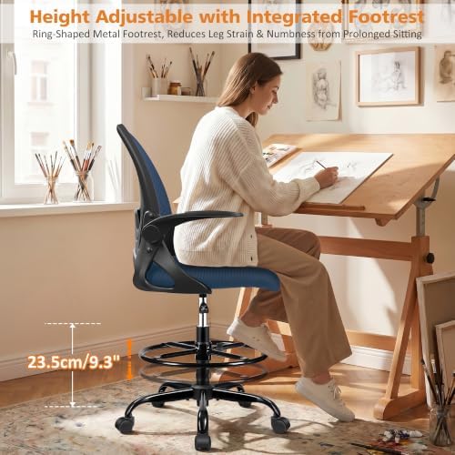Drafting Chair Tall Office Chair with Flip-up Armrests, Adjustable Height, Enhanced Lumbar Support Ergonomic Rolling Stool, Back Support, Adjustable Foot Rest Ring for Standing Desk Navy - Image 7