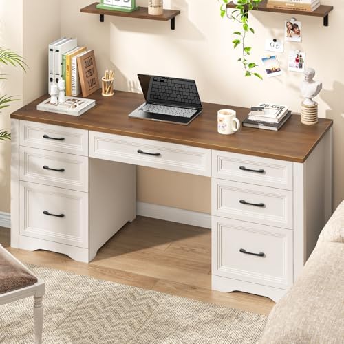 Vabches Farmhouse Executive Desk, Wood Home Office Desk with 2 Large File Drawers and 5 Storage Cabinets, Rustic Writing Desk for Work and Study, Brown by Vabches