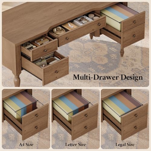 59in Wood Executive Desk with Solid Wood Legs & Keyboard Tray, Brown - Image 4