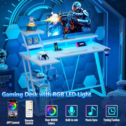 Korfile 40 Inch White Gaming Desk with LED Lights & Power Outlet, Small Gaming Computer Desk with Storage Shelves, L Shaped Gamer Workstations with Monitor Stand for Bedroom - Image 4