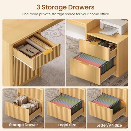 SEDETA 67" x 65" L Shaped Desk with Hutch, RGB LED Corner Computer Desk with Power Outlets, Fluted Home Office Desk with File Drawer, Storage Cabinet & Glass Display Cabinet for Gaming & Working, Oak - Image 5
