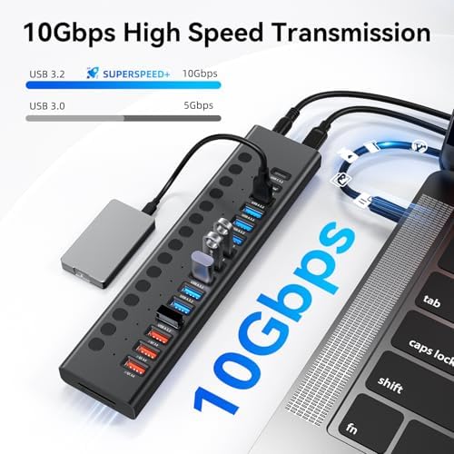 VANGREE Powered USB Hub 10Gbps, 17 Ports USB 3.2 Hub, 96W Power Adapter - Image 3