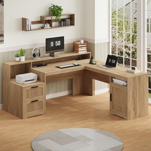 63" Fluted L Shaped Desk with Drawers & Printer Shelf for Home Office - Image 3
