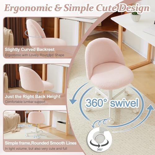 VINGLI Cute Candy Chair Armless Comfy Small Office Desk Vanity Chair with Wheels & Lumbar Support,Teddy Adjustable Rolling Swivel Computer Task Ch for Home Office,Bedroom,Gentle Pink - Image 3