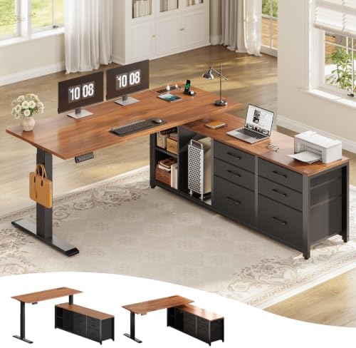 SEDETA L Shaped Electric Standing Desk, 55" x 55" Height Adjustable Corner Office Desk with 6 Fabric Drawers and Storage Shelves, Stand up Home Office Desk with Power Outlet, Black and Brown by SEDETA