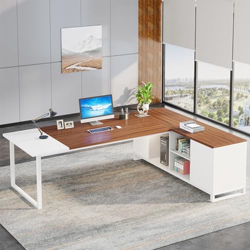 Tribesigns 70.8" L-Shaped Executive Desk with 55" File Cabinet, Large Home Office Computer Desk with Storage Shelves and Cabinet, Modern Business Furniture Set Home Office, Walnut White by Tribesigns