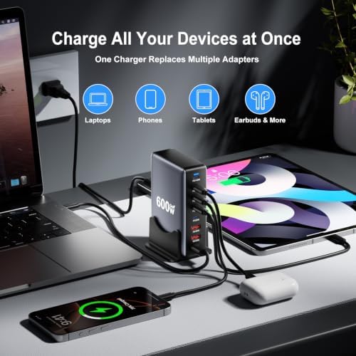 600W Fast Charging 8 Port USB C Charger Block with Nylon Fast Charging Cable, Multi-Device Charging Station Wall Desktop Charger with GaN Ⅲ Technology, USB-C Charger Adapter for MacBook/iPad/iPhone 17 - Image 2