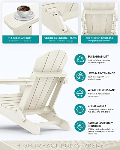 SERWALL Folding Adirondack Chair with Cup Holder, HIPS Fire Pit Chair-White - Image 5