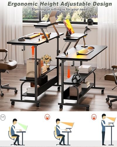 Height Adjustable Standing Desk with Power Outlets and LED Lights - 39" Manual Stand Up Desk with Monitor Stand and Storage Shelves Small Mobile Rolling Computer Desk Portable Laptop Table, Black - Image 4