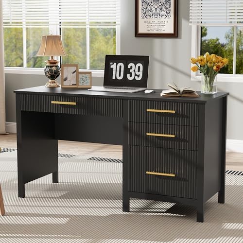 Executive Desk with Drawers: 54" Black Home Office Desks with File Drawer by LuxuryFurniture