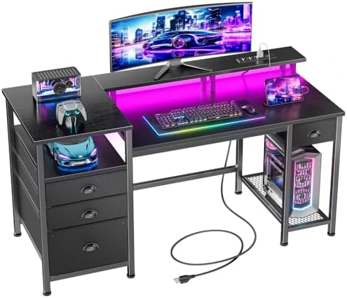 Furologee 52" Gaming Desk with 4 Drawers & LED Lights, Power Outlet, Black by Furologee