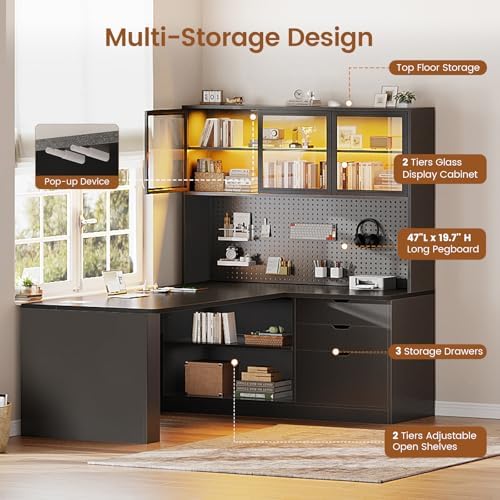 SEDETA L Shaped Corner Gaming Desk with 3 Wood Drawer and Large Bookshelf - Image 6