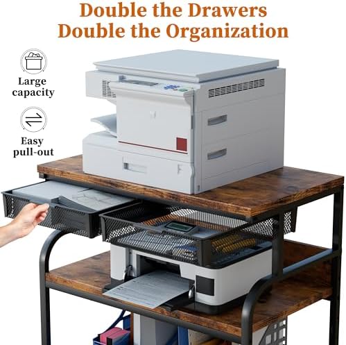 EasyCom 32.3"×18.9" XL Printer Stand with Double Drawers & Wheels - Image 3