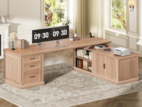SEDETA Farmhouse L Shaped Desk with Drawers, 70.9" Home Office Desk with Storage Cabinet and Storage Shelves, L Shaped Computer Desk with Power Outlet，Oak by SEDETA