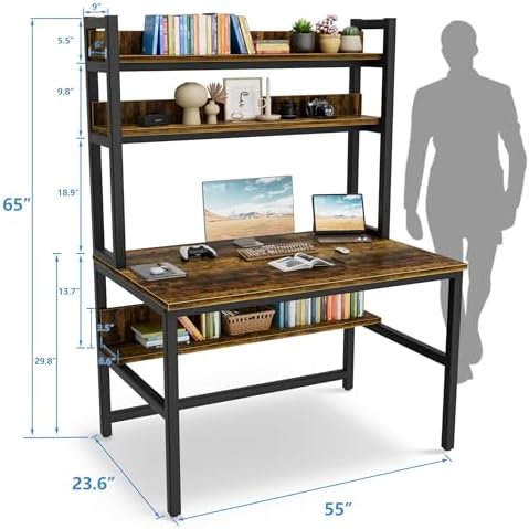 Aquzee Computer Desk with Hutch, 55 Inch Desk with Shelves - Image 3
