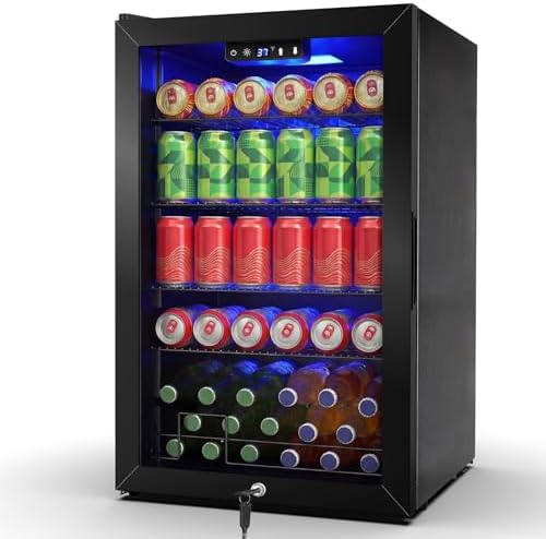 FoMup 20 Inch Beverage Refrigerator 150 Can with Glass Door – Mini Drink Cooler with Reversible Door, Safety Lock & Temperature Control, Small Fridge for Beer Soda Wine, Compact for Dorm Office Hotel by FoMup