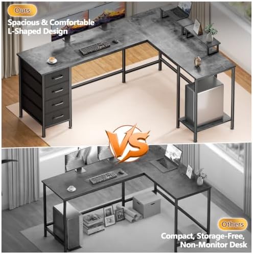Korfile 66" L Shaped Computer Desk, 94.4'' Home Office Desk with Power Outlets, 4 Adjustable Storage Drawers & 2 Monitor Stands, Large Two Person Gaming Table for Writing Study, Grey - Image 5