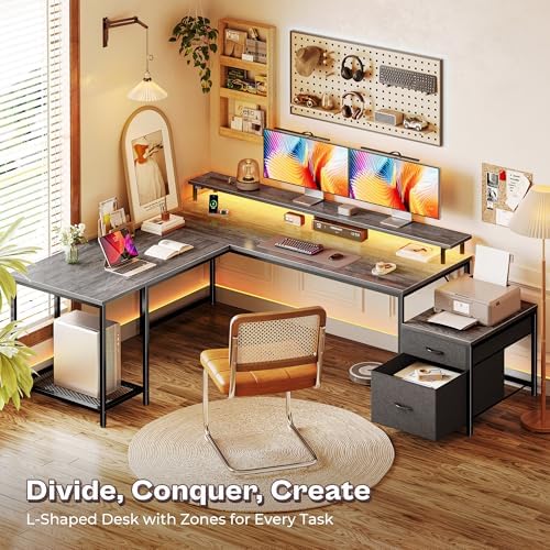 PRAISUN 66" L Shaped Gaming Desk with LED Lights & Power Outlets - Image 6