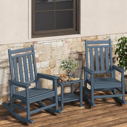 HDPE Rocking Chair Outdoor Set of 2 with Side Table, High Back Rocker by Garvee