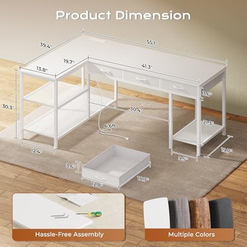 PRAISUN 55 Inch L Shaped Office Desk with Power Outlets and Type-C Port, Large Computer Gaming Desk with 3 Fabric Drawers, Mesh Shelves, Corner Study Work Writing Desk, White - Image 3