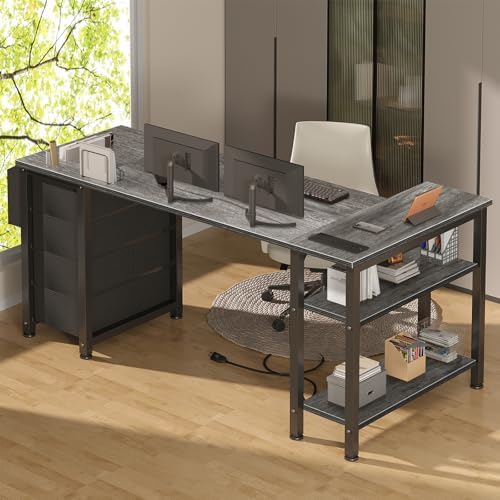 Lufeiya L Shaped Gaming Desk with Drawers & Storage Shelves, 55 Inch Corner Computer Desk with Power Outlet for Home Office Bedroom, L-Shaped Teen PC Desks with Fabric Drawer, Gray - Image 5