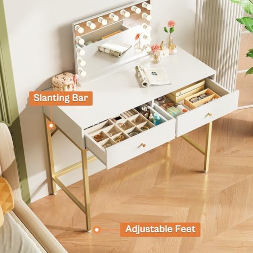 SUPERJARE 31.5" White and Gold Desk with 2 Drawers, Modern Vanity Desk - Image 5
