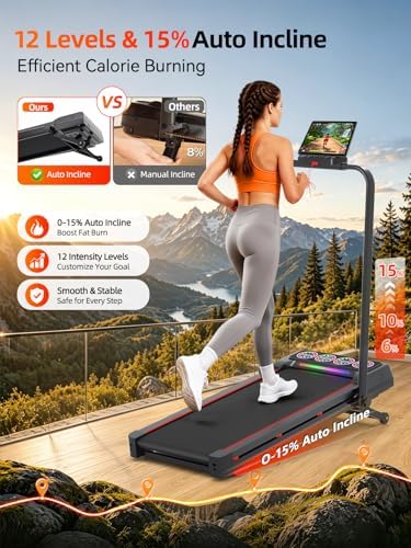 Walking Pad Treadmill with 15% 12-Level Auto Incline& Handle Bar, Ecogou 2.5HP Quiet Under Desk Treadmill,450 lbs Capacity UI Screen & Remote Control, Compact Treadmills for Home Hiking - Image 2