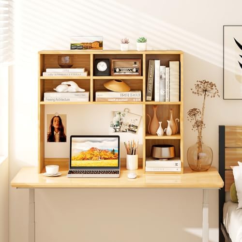 LDAILY Desktop Bookshelf, 37’’ Wood Desk Shelf with 7 Cubes & 3 Adjustable Shelves, 3-Tier Desk Display Rack, Desk Hutch for Dorm College Office Computer Monitor Up to 27’’ (Burlywood, 7 Shelves) by LDAILY