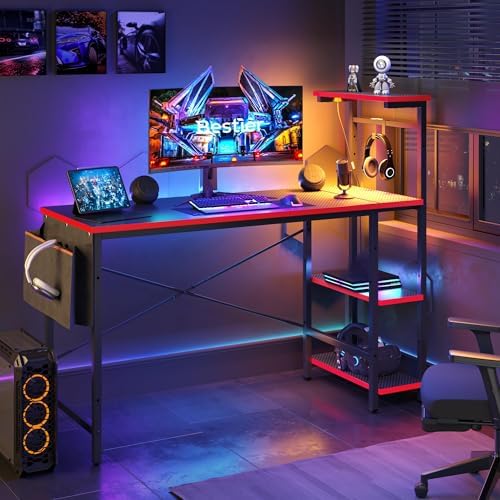 Bestier Gaming Desk with LED Lights, 51.3 Inch Computer Desk with 4 Tiers Reversible Shelves, Gamer Desk with Side Storage Bag, Hooks and Height Adjustable Shelf (Black Carbon Fiber) by Bestier