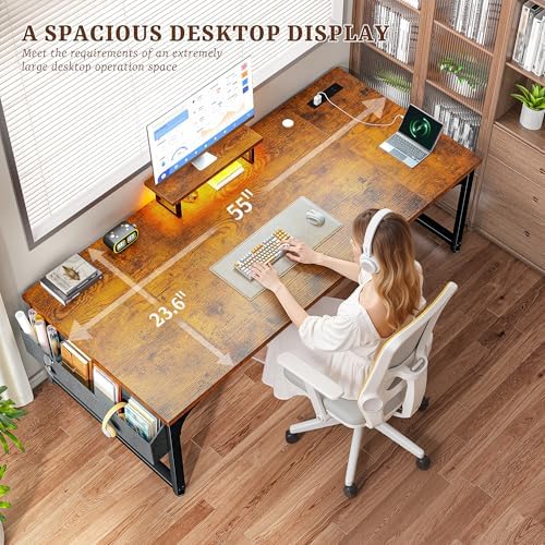 DurayLoly 55 x 24 inch Desk, 24mm Thick Heavy Duty Computer Desk with RGB LED & Power Outlets, Gaming Desk with Detachable Stand, 150LBS Load Capacity, Work Gaming Desk for Home Office, Brown - Image 3
