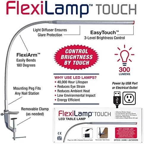 Americanails FlexiLamp Touch - LED Table Desk Lamp - Removable Clamp - Adjustable Lighting for Nail Stations - Manicure Table Light - Flexible Arm – 3 Brightness Levels - Touch Sensor - 300 Lumens - Image 2