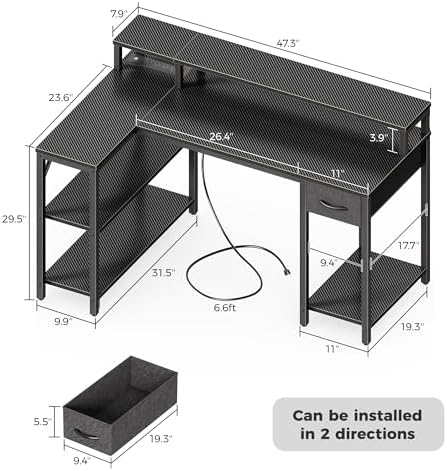 SUPERJARE 47 inch L Shaped Gaming Desk with LED Lights & Power Outlets, Reversible Computer Desk with Shelves & Monitor Stand, Corner Desk with Drawer, for Home & Office, Carbon Fiber Black - Image 3
