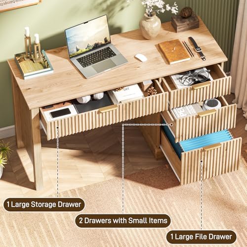 Vabches Fluted Executive Desk with Drawers, Wood Computer Desk with Ample File Drawer, Home Office Desk with Storage for Study, Bedroom, Living Room, Oak - Image 3