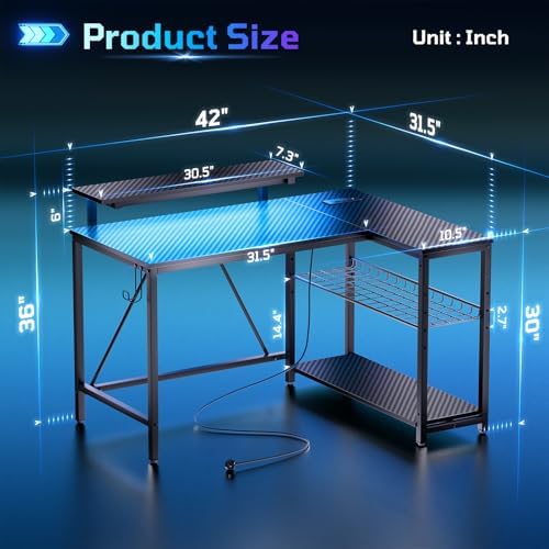 Bestier 42-Inch L-Shaped Computer Desk with Charging & LED, Black - Image 2