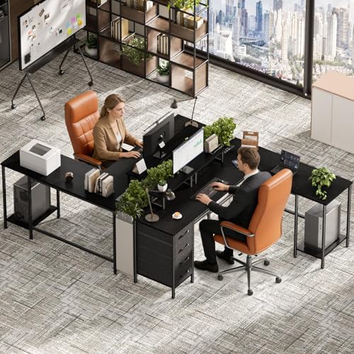 Korfile 66 inch L Shaped Computer Desk with Power Outlets, Black - Image 2