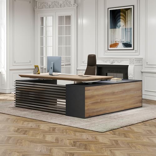 Electric Height Adjustable Executive Desk, Luxury L-Shaped Office Desk with Storage Cabinet & Charging Station, Solid Thickened Desktop, 86" Modern CEO Workstation for Home Office & Corporate Office - Image 3