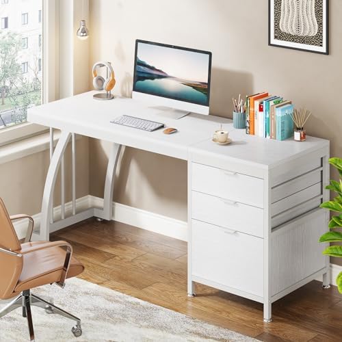 Tribesigns Computer Desk with 3 Drawers, 59-Inch PC Desk with Reversible Drawers, Industrial Study Writing Table Workstation with File Storage for Home Office, White - Image 3