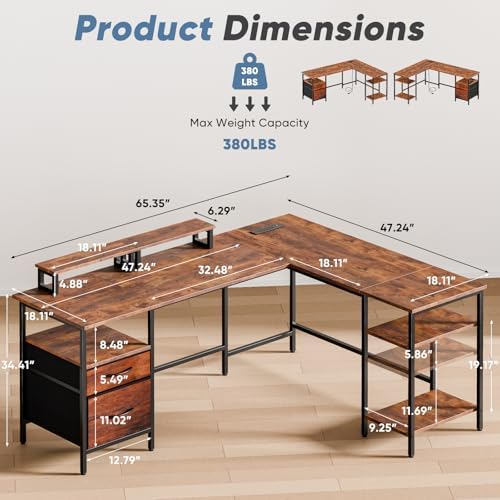 DUMOS 62 Inch L Shaped Computer Desk with Power Outlets, 62 Inch - Image 3